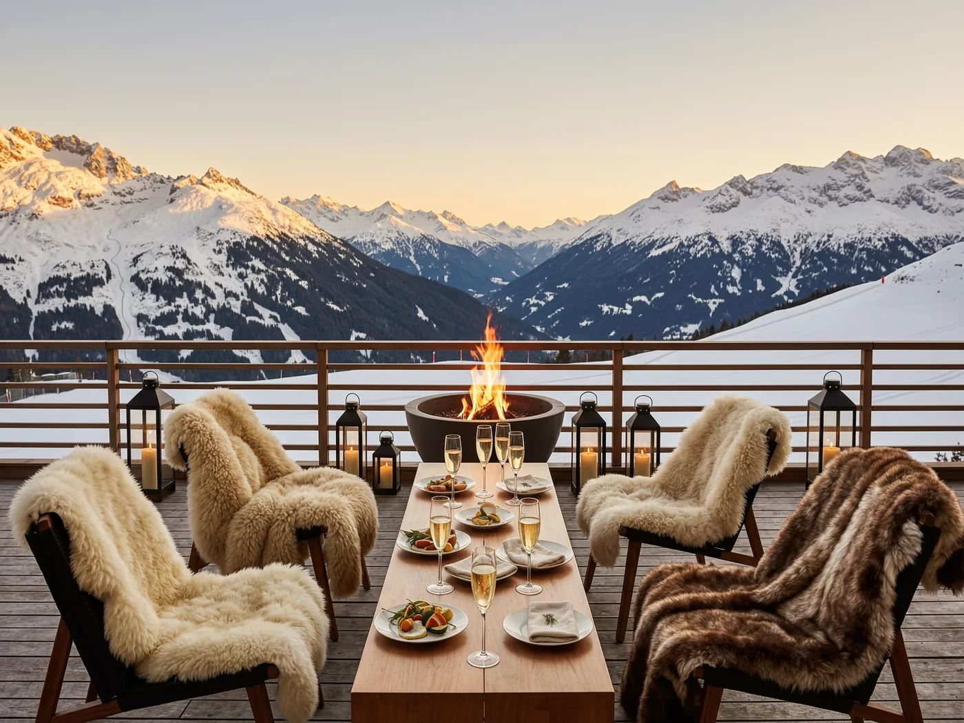 A mountain terrace set for a long lunch above the pistes