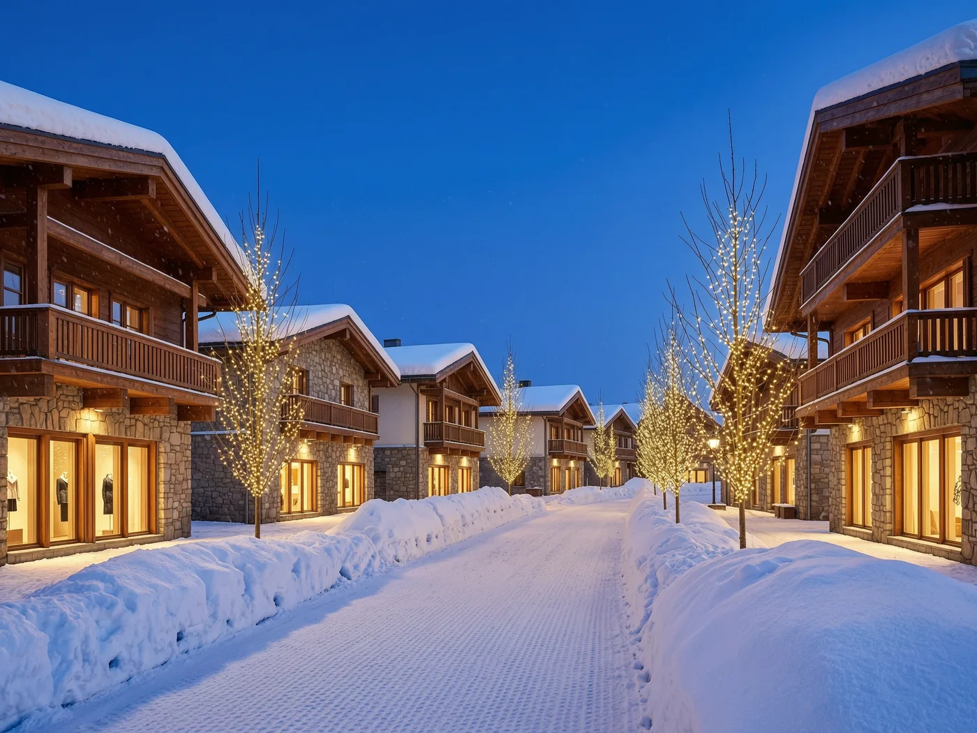 Luxury boutiques in the snow at blue hour