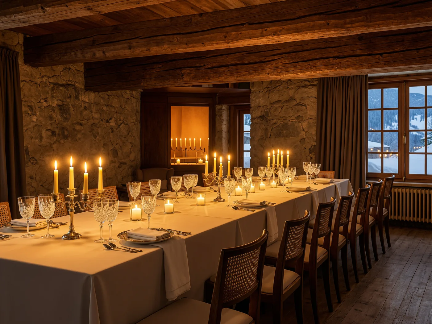 Candlelit table in a rustic alpine dining room