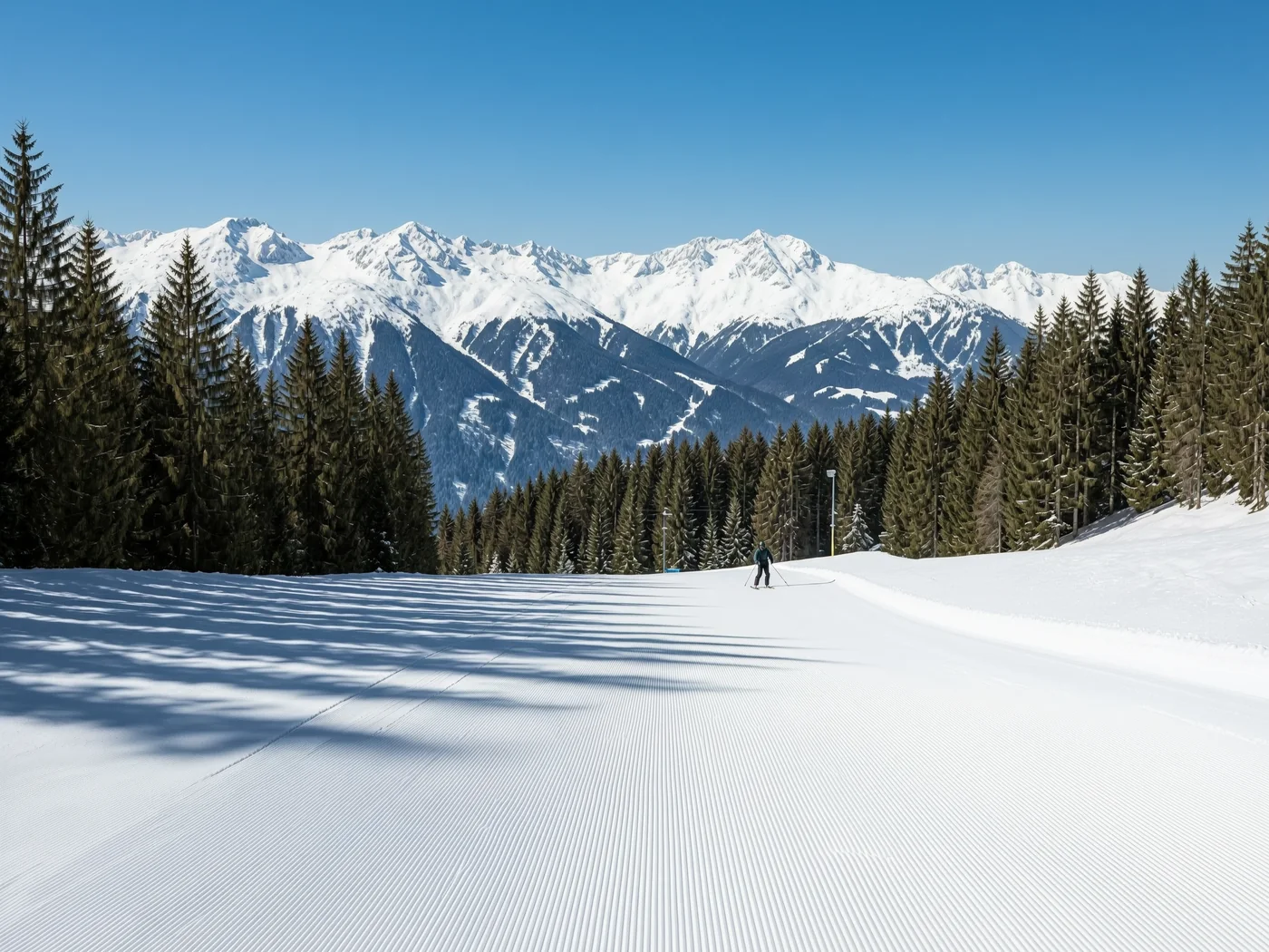 Groomed alpine pistes on a clear winter morning