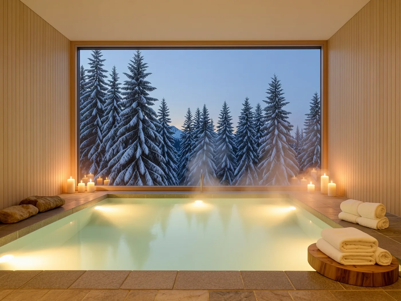 Alpine hotel spa at dusk