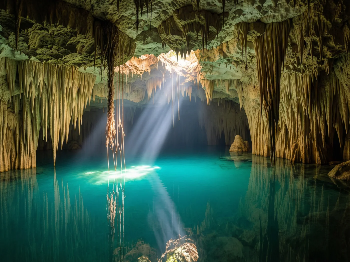 A cenote cave with turquoise water
