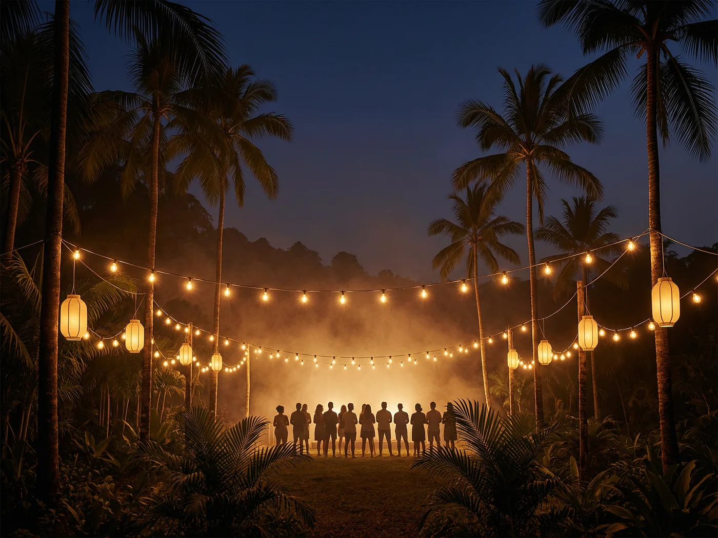 Open-air music event in the jungle at night