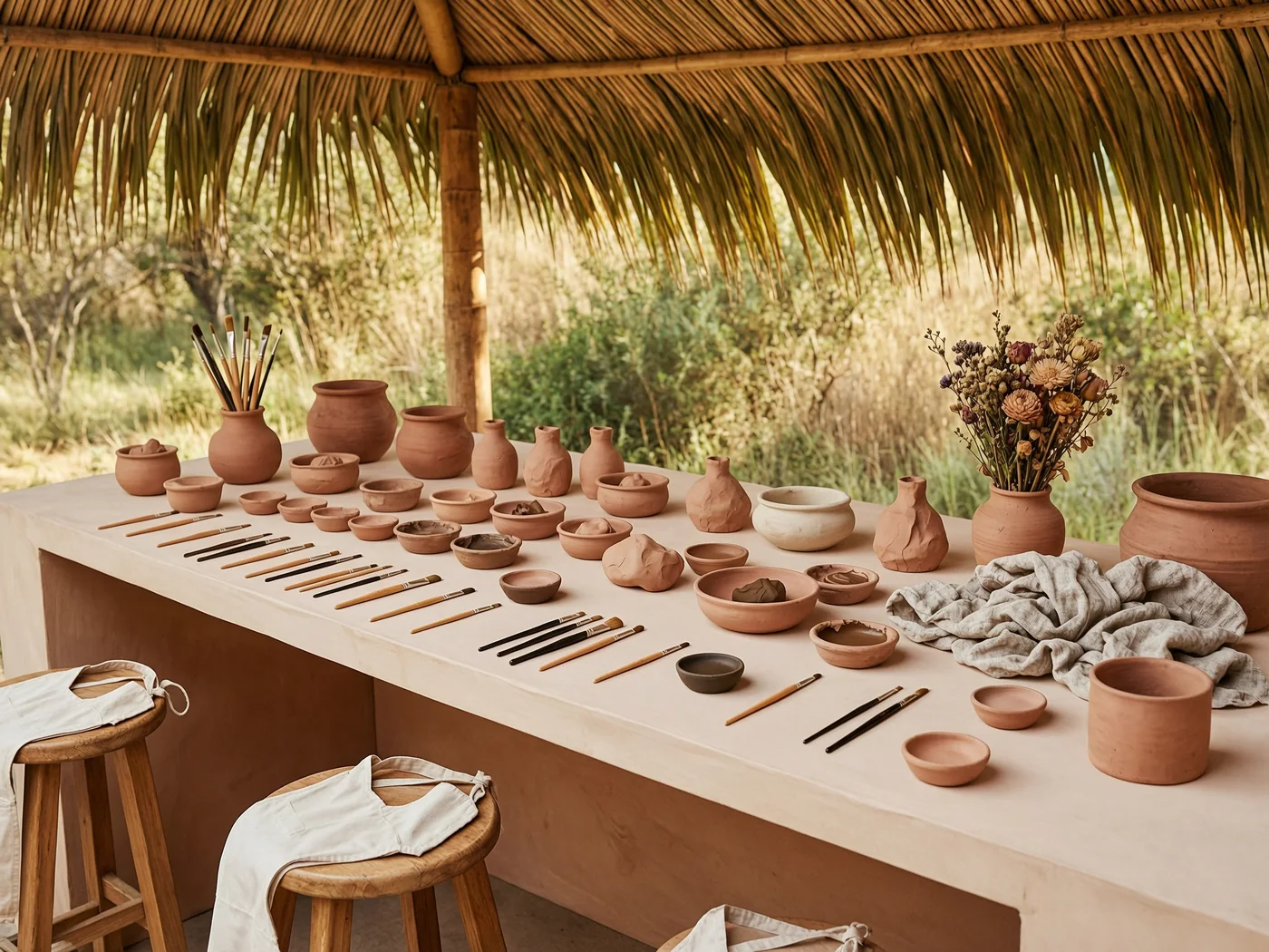 Creative workshop table under a palapa