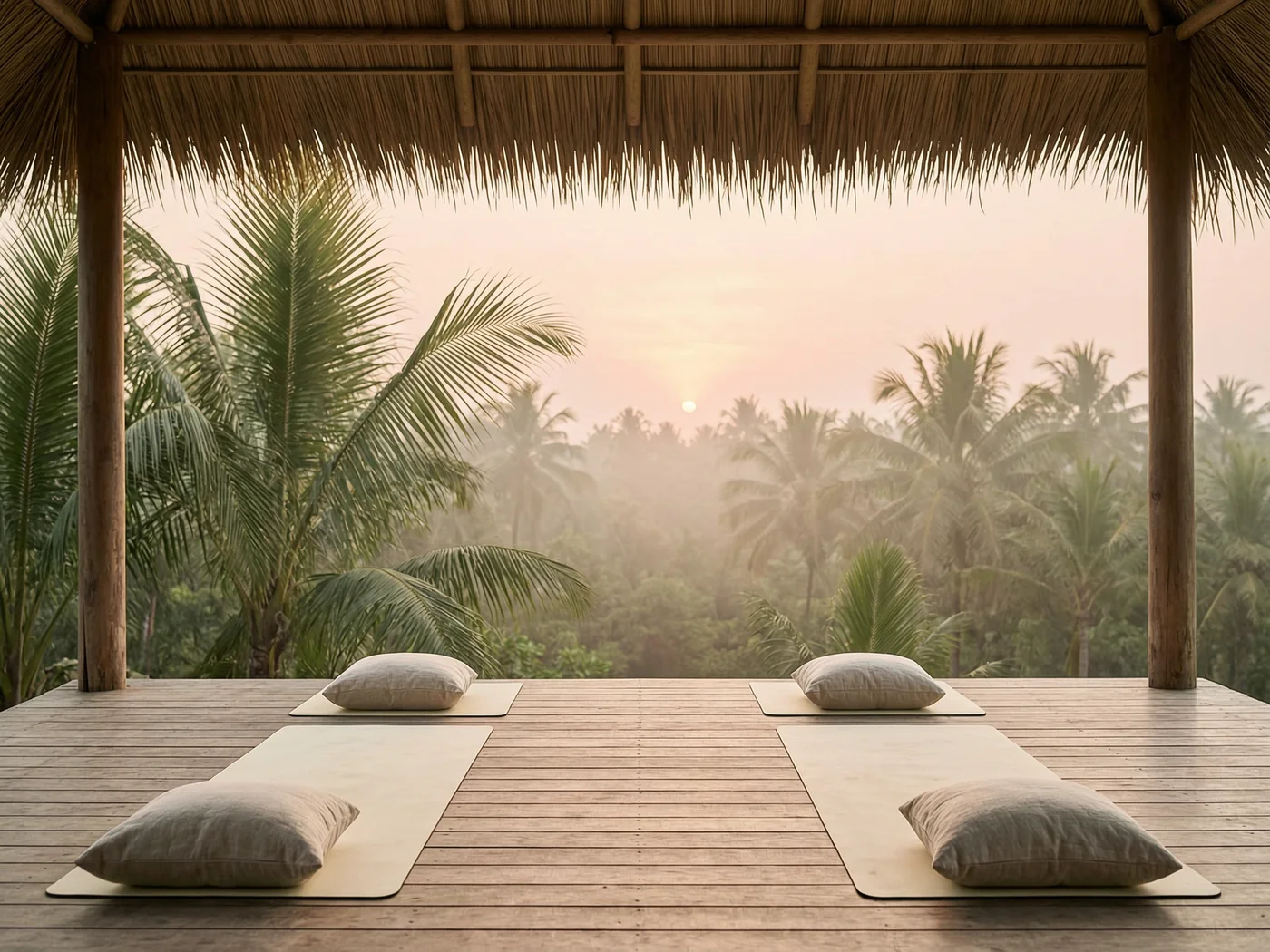 Private yoga session on a jungle deck at sunrise